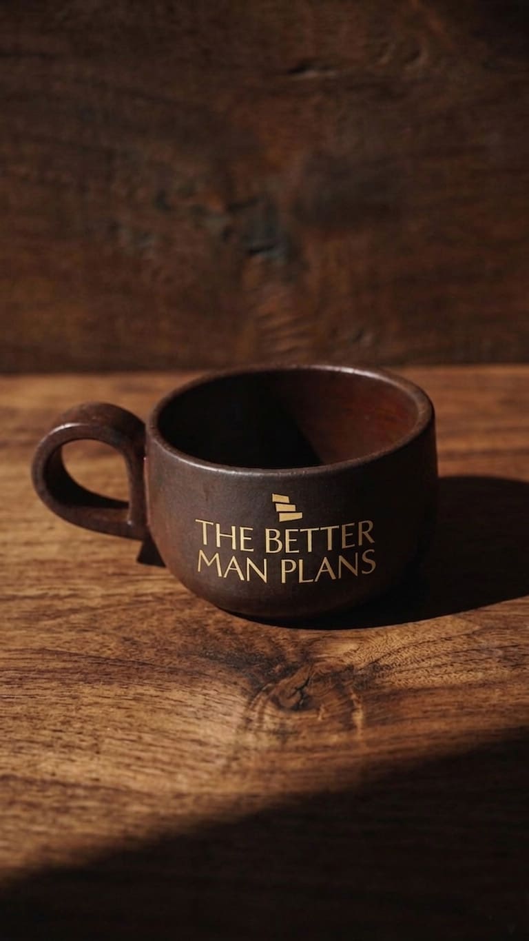 Cofee mug with The Better Man Plans logo engraved on the front.